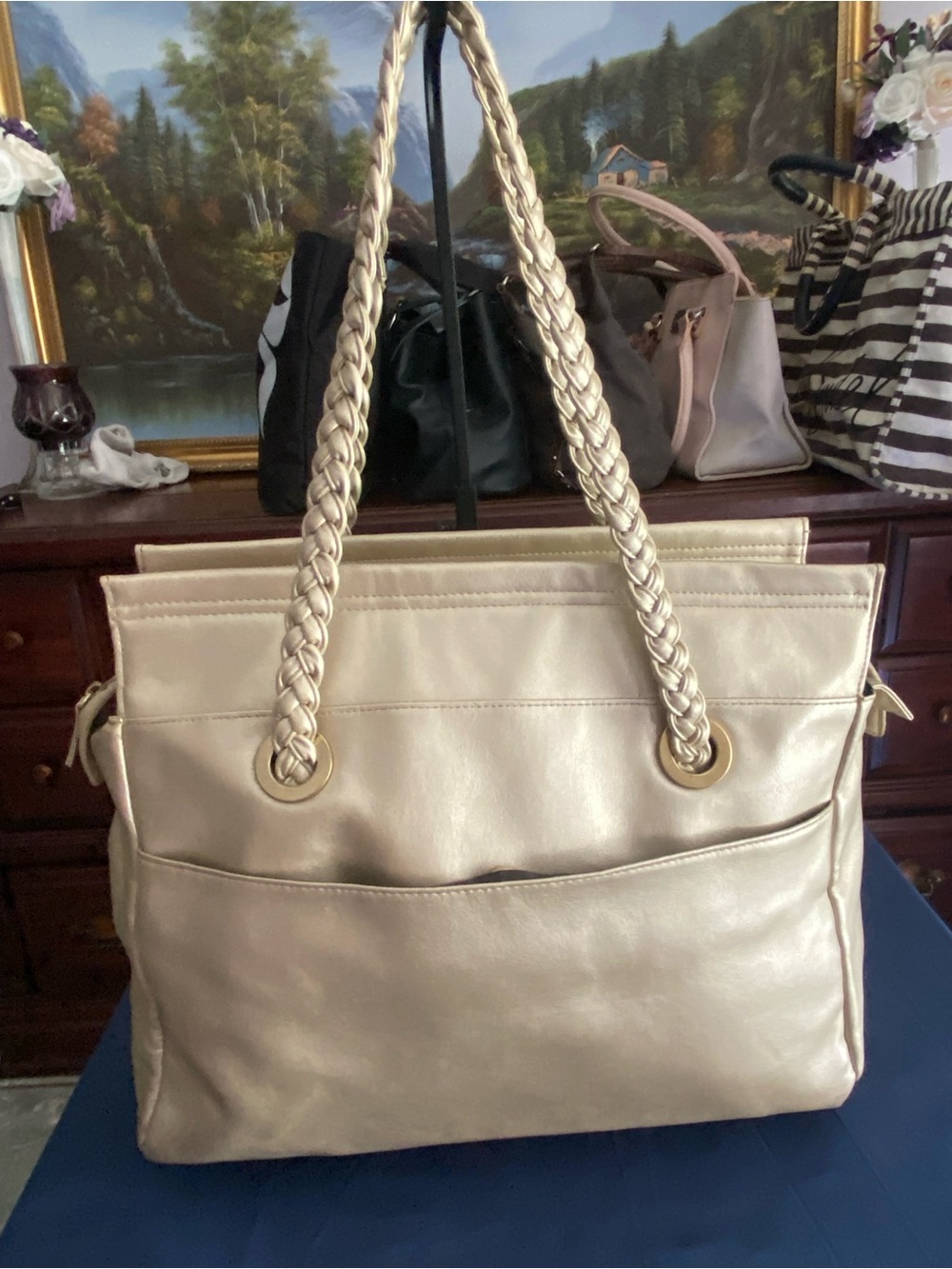 Lancôme Paris Gold Metallic Tote / Overnight Bag Braided Rope Handles Champagne